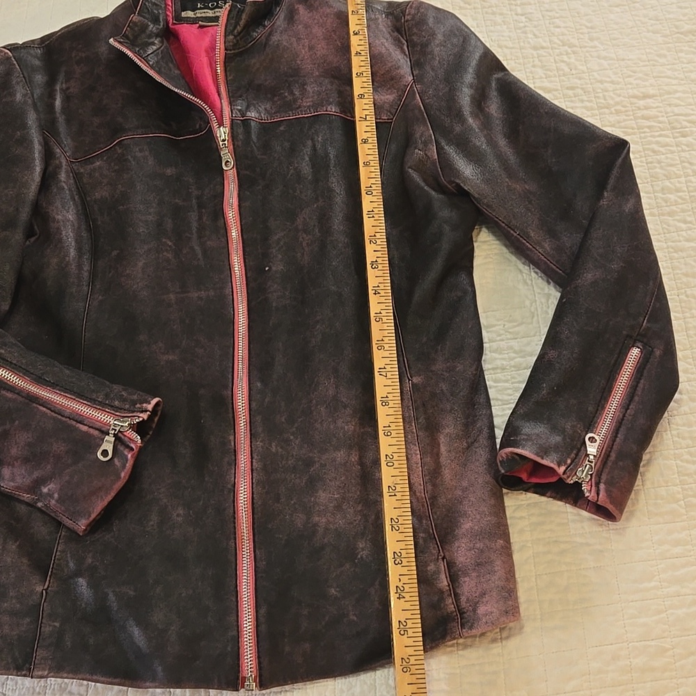K OSS Womens Rasperry And Brown Distressed Leather Jacket Size Large - Picture 9 of 15